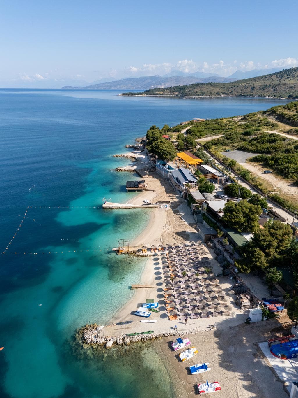 Aerial view of Ksamil beach on the Albanian Riviera with turquoise water